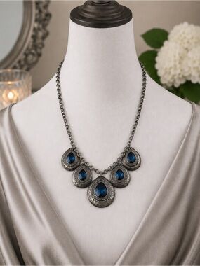 Statement Bib Necklace Blue Faceted Teardrops St Thomas Antique Pewter Tone